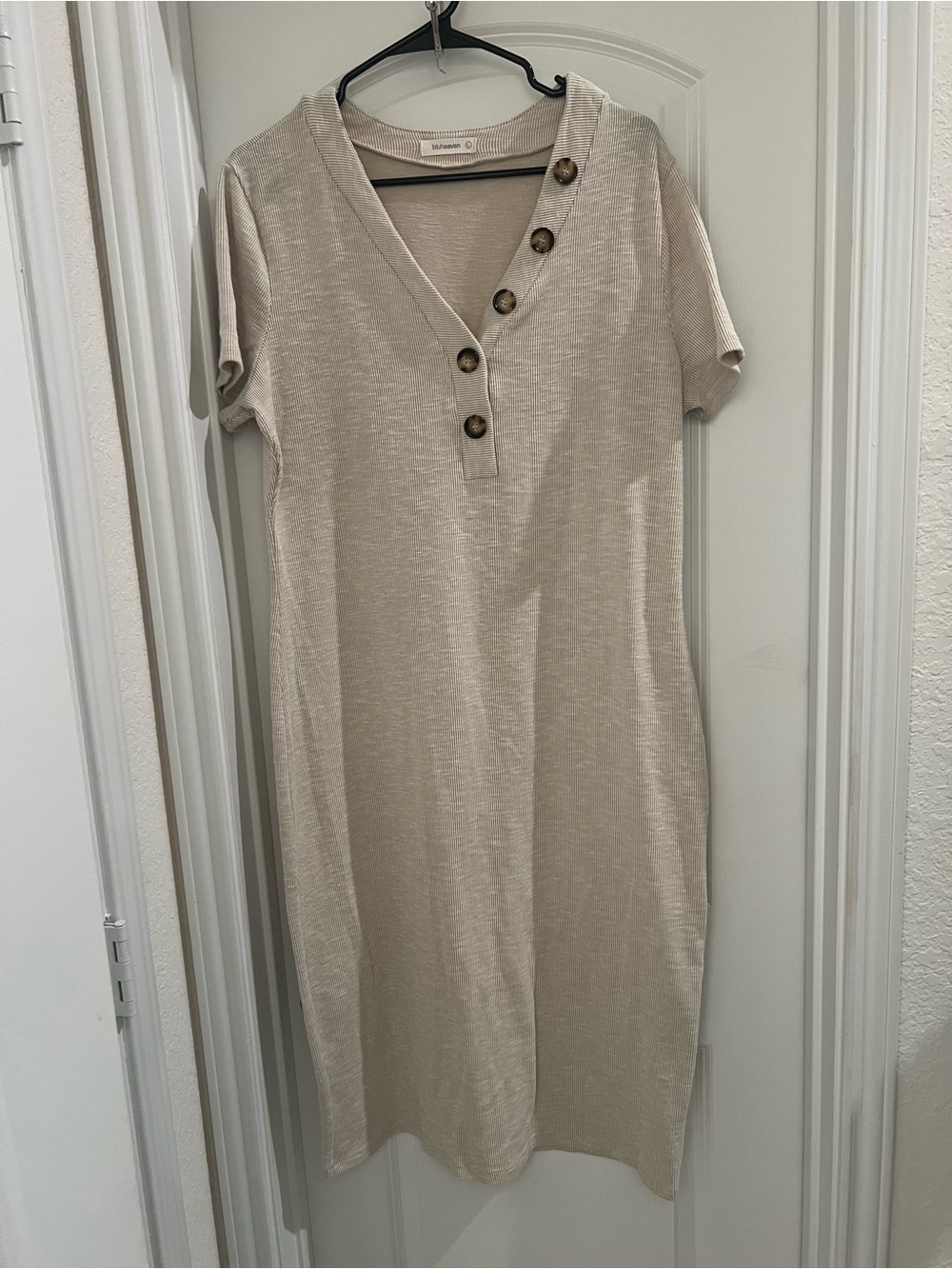 BluHeaven Beige Ribbed Knit Midi Dress Short Sleeve Button Front Size L